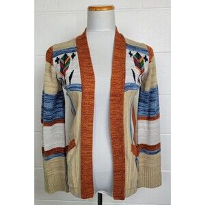 Vintage Skiva Womens Open‎ Front Cardigan Sweater Orange Blue Feather S